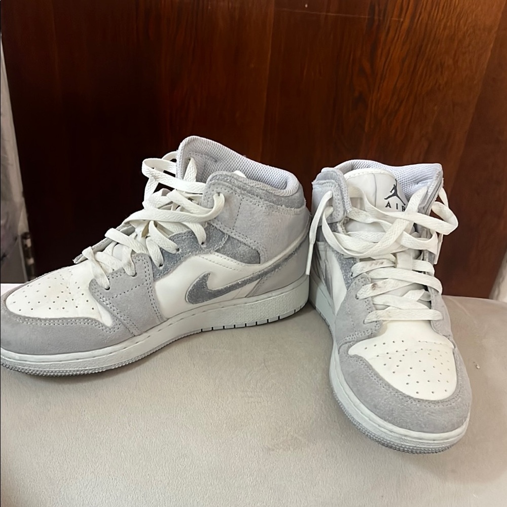 Nike Air Jordan 1 Mid White and Light Gray Suede Sneakers